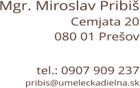 Mgr. Miroslav Pribiš Cemjata 20 080 01 Prešov   tel.: 0907 909 237 pribis@umeleckadielna.sk